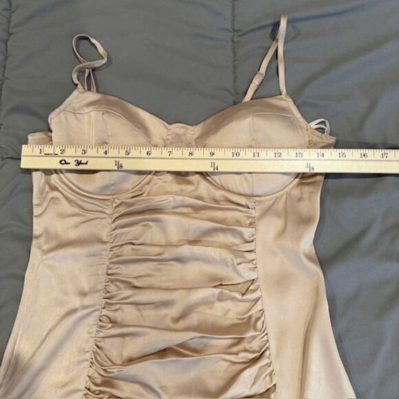 Lulus A Lot of Allure Champagne Satin Ruched Bustier Bodycon Dress Size Small - Picture 11 of 13